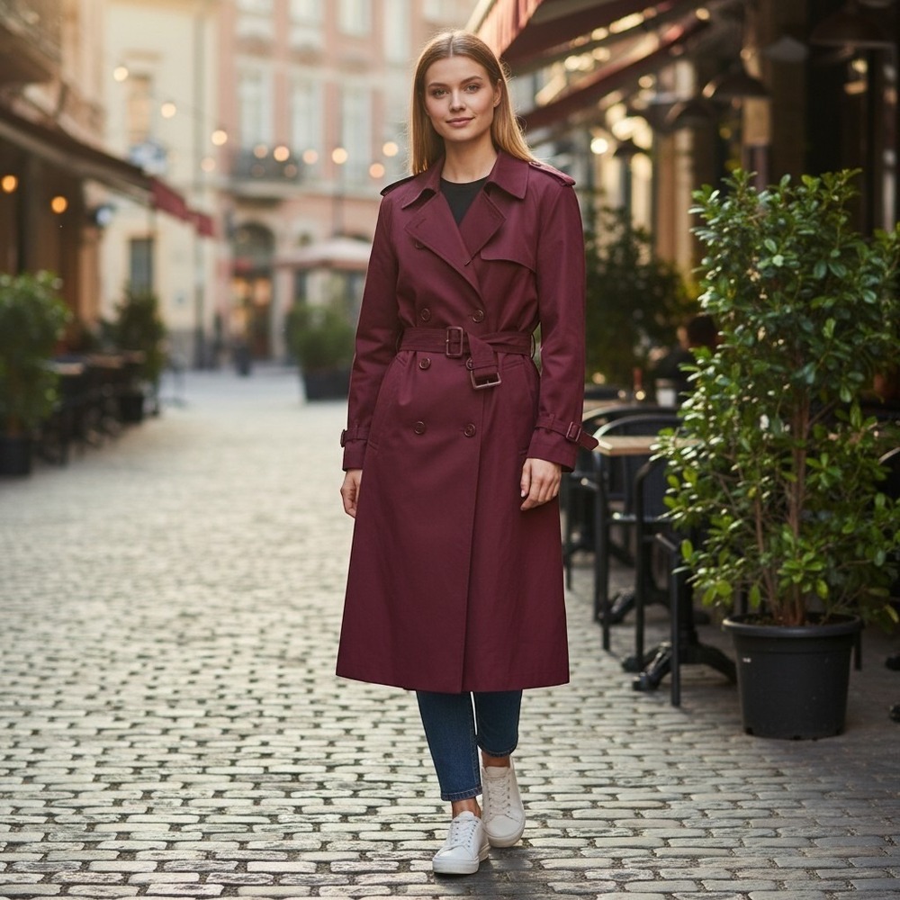 Amanda Smith Petites Double Breasted Trench Coat Burgundy Plum Thermolite PM